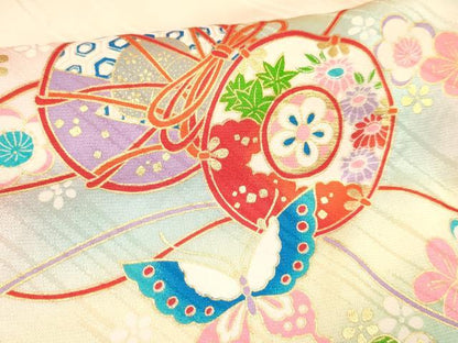 平和屋着物[]七五三　女の子　７歳　祝着　四つ身　駒刺繍　鼓花蝶文　暈し染め　金彩　逸品　DAAY3311ma