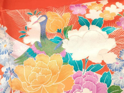 平和屋着物[]七五三　女の子　７歳　祝着　四つ身　駒刺繍　孔雀花文　逸品　DAAY3312ma
