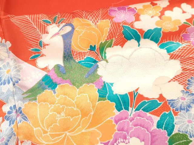 平和屋着物[]七五三　女の子　７歳　祝着　四つ身　駒刺繍　孔雀花文　逸品　DAAY3312ma