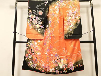 平和屋着物[]七五三　女の子　７歳　祝着　四つ身　雪輪花蝶文　暈し染め　金彩　DAAY3313ma