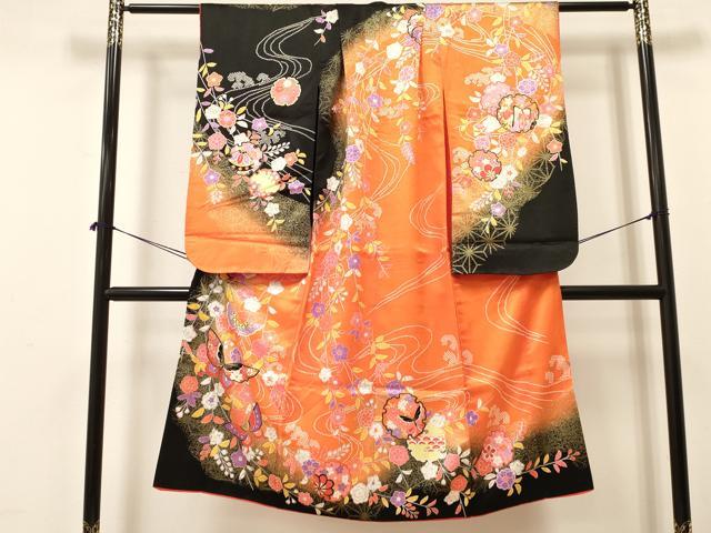 平和屋着物[]七五三　女の子　７歳　祝着　四つ身　雪輪花蝶文　暈し染め　金彩　DAAY3313ma