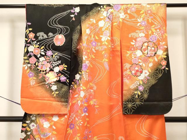 平和屋着物[]七五三　女の子　７歳　祝着　四つ身　雪輪花蝶文　暈し染め　金彩　DAAY3313ma