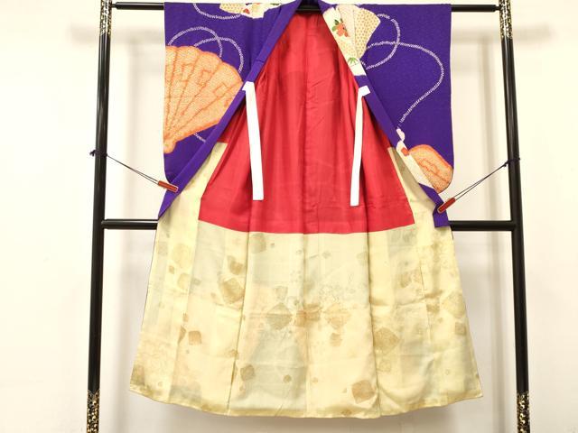 平和屋着物[]アンティーク　大正ロマン　七五三　女の子　７歳　祝着　四つ身　駒刺繍　絞り　松竹梅　檜扇花文　金銀彩　逸品　DAAY3314ma