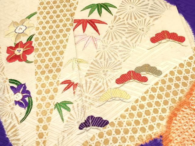 平和屋着物[]アンティーク　大正ロマン　七五三　女の子　７歳　祝着　四つ身　駒刺繍　絞り　松竹梅　檜扇花文　金銀彩　逸品　DAAY3314ma