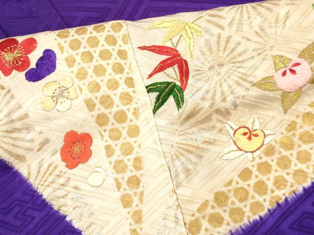 平和屋着物[]アンティーク　大正ロマン　七五三　女の子　７歳　祝着　四つ身　駒刺繍　絞り　松竹梅　檜扇花文　金銀彩　逸品　DAAY3314ma