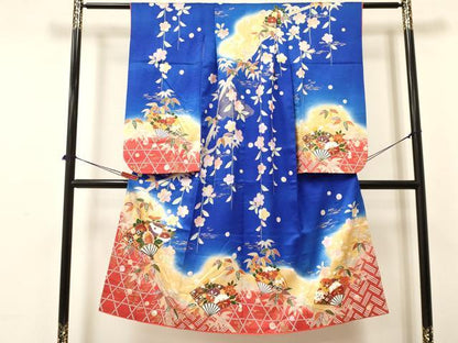 平和屋着物[]七五三　女の子　７歳　祝着　四つ身　駒刺繍　扇面花文　暈し染め　金彩　逸品　DAAY3315ma