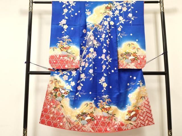 平和屋着物[]七五三　女の子　７歳　祝着　四つ身　駒刺繍　扇面花文　暈し染め　金彩　逸品　DAAY3315ma