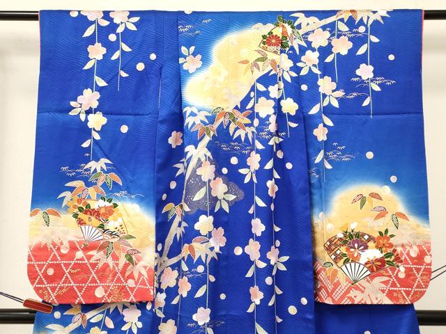 平和屋着物[]七五三　女の子　７歳　祝着　四つ身　駒刺繍　扇面花文　暈し染め　金彩　逸品　DAAY3315ma