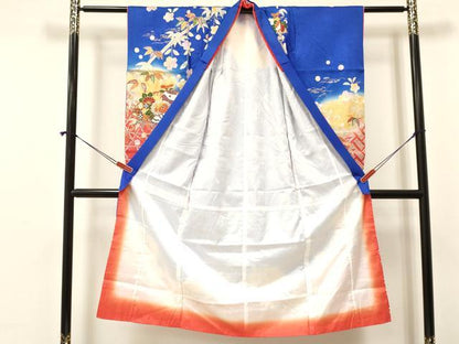 平和屋着物[]七五三　女の子　７歳　祝着　四つ身　駒刺繍　扇面花文　暈し染め　金彩　逸品　DAAY3315ma