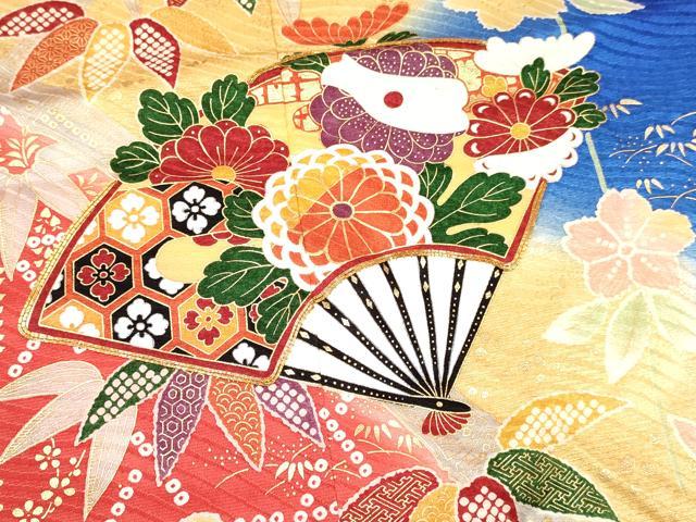 平和屋着物[]七五三　女の子　７歳　祝着　四つ身　駒刺繍　扇面花文　暈し染め　金彩　逸品　DAAY3315ma