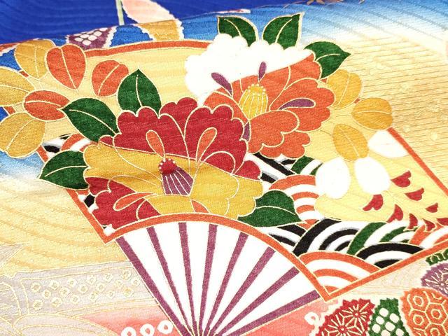 平和屋着物[]七五三　女の子　７歳　祝着　四つ身　駒刺繍　扇面花文　暈し染め　金彩　逸品　DAAY3315ma