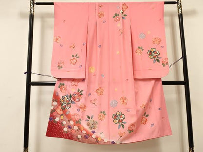 平和屋着物[]七五三　女の子　７歳　祝着　四つ身　花蝶文　暈し染め　金銀彩　逸品　DAAY3316ma