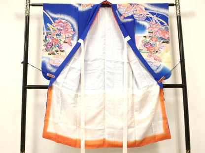 平和屋着物[]七五三　女の子　７歳　祝着　四つ身　型染　貝合わせ花鳥文　暈し染め　金彩　逸品　DAAY3317ma