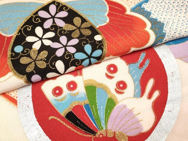 平和屋着物[]七五三　女の子　７歳　祝着　四つ身　立波花蝶丸文　暈し染め　金銀彩　逸品　DAAY3319ma