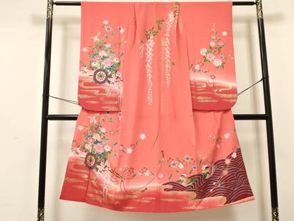 平和屋着物[]七五三　女の子　７歳　祝着　四つ身　鴛鴦花車文　暈し染め　金彩　逸品　DAAY3321ma