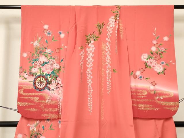 平和屋着物[]七五三　女の子　７歳　祝着　四つ身　鴛鴦花車文　暈し染め　金彩　逸品　DAAY3321ma