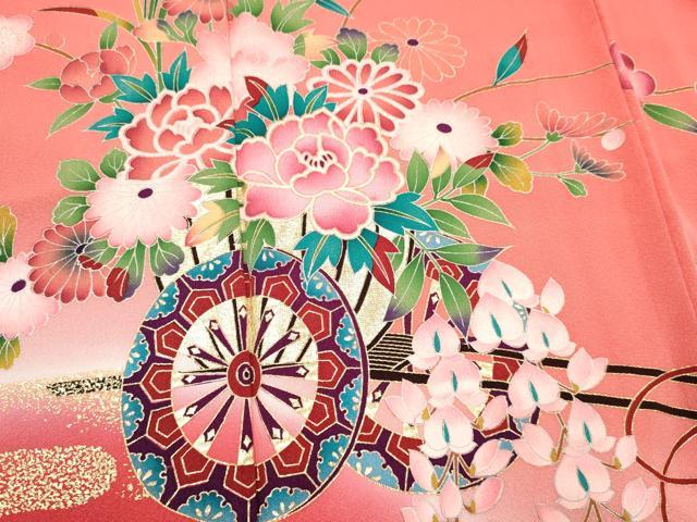 平和屋着物[]七五三　女の子　７歳　祝着　四つ身　鴛鴦花車文　暈し染め　金彩　逸品　DAAY3321ma