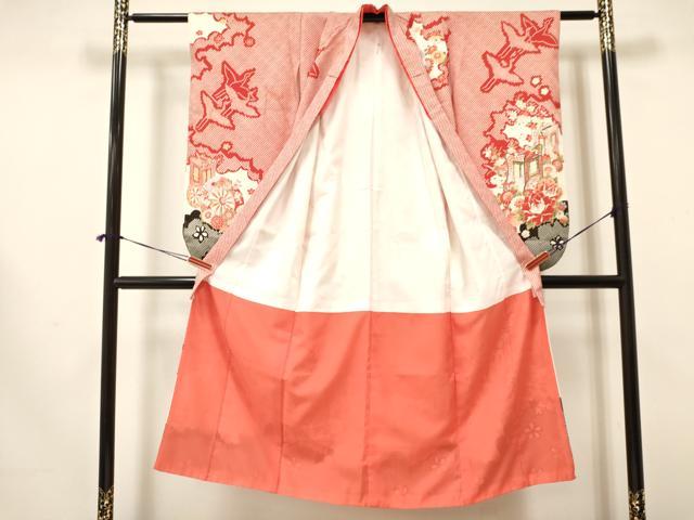 平和屋着物[]七五三　女の子　７歳　祝着　四つ身　源氏車　飛鶴御所車花文　逸品　DAAY3325ma