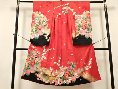 平和屋着物[]七五三　女の子　７歳　祝着　四つ身　鼓花蝶文　暈し染め　金彩　逸品　DAAY3326ma