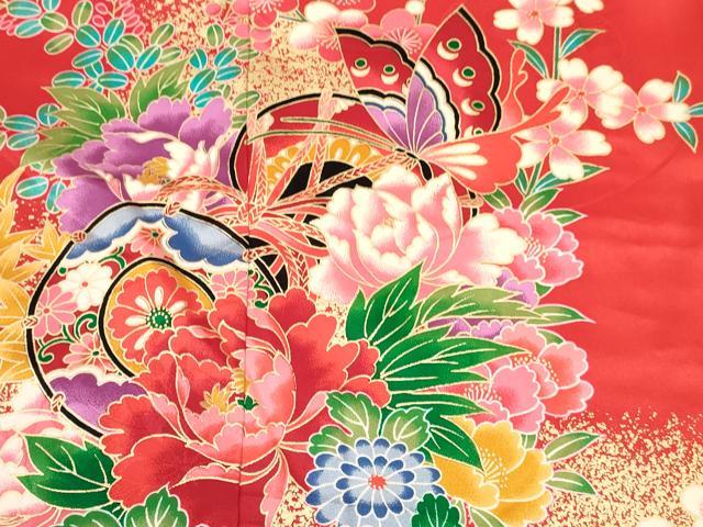 平和屋着物[]七五三　女の子　７歳　祝着　四つ身　鼓花蝶文　暈し染め　金彩　逸品　DAAY3326ma