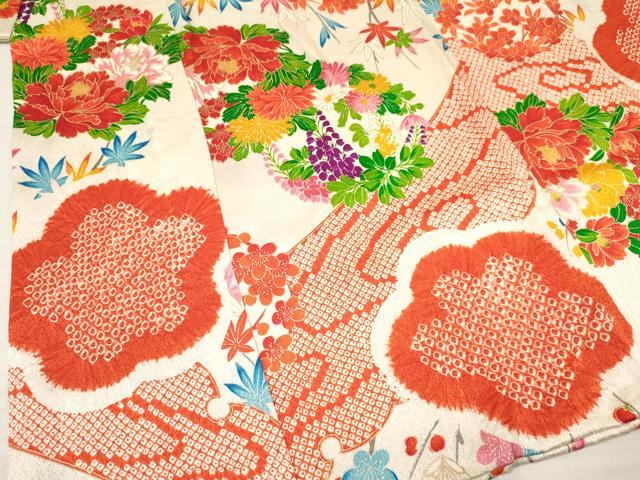 平和屋着物[]七五三　女の子　７歳　祝着　四つ身　絞り　牡丹花丸文　金彩　逸品　DAAY3328ma