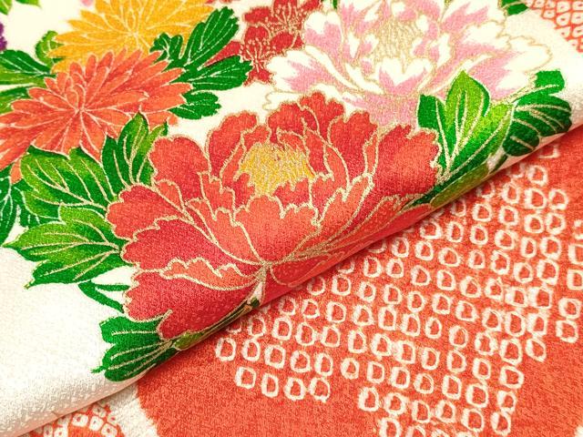 平和屋着物[]七五三　女の子　７歳　祝着　四つ身　絞り　牡丹花丸文　金彩　逸品　DAAY3328ma