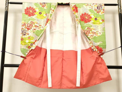 平和屋着物[]七五三　女の子　７歳　祝着　四つ身　御所車花文　金彩　逸品　DAAY3329ma