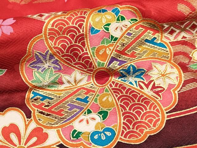 平和屋着物[]七五三　女の子　７歳　祝着　四つ身　駒刺繍　花蝶文　暈し染め　金彩　逸品　DAAY3331ma