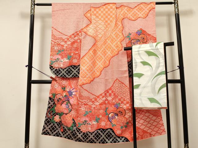 平和屋着物[]七五三　女の子　７歳　祝着　四つ身　袋帯セット　鼓花文　金彩　洗える着物　DAAY3345ma