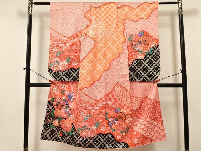 平和屋着物[]七五三　女の子　７歳　祝着　四つ身　袋帯セット　鼓花文　金彩　洗える着物　DAAY3345ma