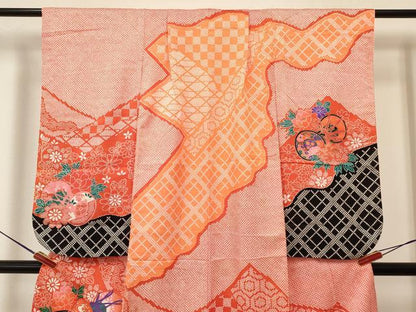 平和屋着物[]七五三　女の子　７歳　祝着　四つ身　袋帯セット　鼓花文　金彩　洗える着物　DAAY3345ma