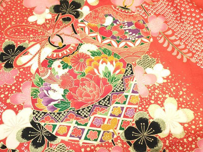 平和屋着物[]七五三　女の子　７歳　祝着　四つ身　袋帯セット　鈴牡丹花文　金彩　逸品　DAAY3346ma