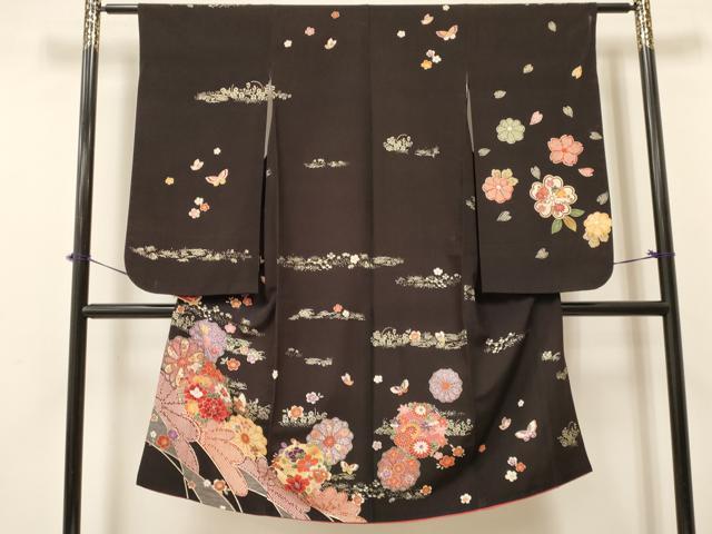 平和屋着物[]七五三　女の子　７歳　祝着　四つ身　袋帯セット　花蝶丸文　黒地　金銀彩　DAAY3349ma
