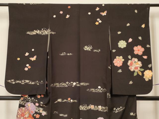 平和屋着物[]七五三　女の子　７歳　祝着　四つ身　袋帯セット　花蝶丸文　黒地　金銀彩　DAAY3349ma