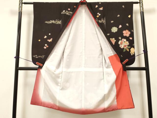 平和屋着物[]七五三　女の子　７歳　祝着　四つ身　袋帯セット　花蝶丸文　黒地　金銀彩　DAAY3349ma