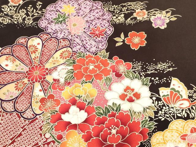 平和屋着物[]七五三　女の子　７歳　祝着　四つ身　袋帯セット　花蝶丸文　黒地　金銀彩　DAAY3349ma
