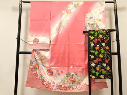 平和屋着物[]七五三　女の子　７歳　祝着　四つ身　袋帯セット　花鳥丸文　暈し染め　金彩　逸品　DAAY3350ma