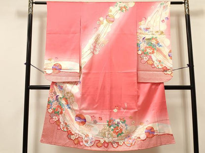 平和屋着物[]七五三　女の子　７歳　祝着　四つ身　袋帯セット　花鳥丸文　暈し染め　金彩　逸品　DAAY3350ma