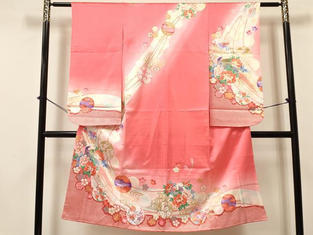 平和屋着物[]七五三　女の子　７歳　祝着　四つ身　袋帯セット　花鳥丸文　暈し染め　金彩　逸品　DAAY3350ma