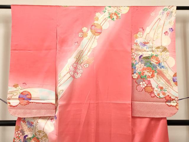 平和屋着物[]七五三　女の子　７歳　祝着　四つ身　袋帯セット　花鳥丸文　暈し染め　金彩　逸品　DAAY3350ma