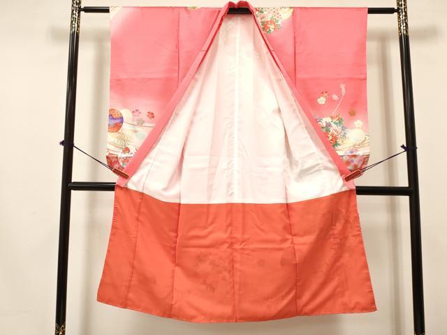平和屋着物[]七五三　女の子　７歳　祝着　四つ身　袋帯セット　花鳥丸文　暈し染め　金彩　逸品　DAAY3350ma