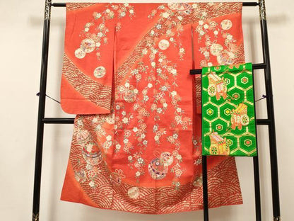 平和屋着物[]七五三　女の子　７歳　祝着　四つ身　袋帯セット　鞠花文　暈し染め　金彩　逸品　DAAY3351ma