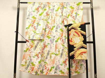 平和屋着物[]七五三　女の子　７歳　祝着　四つ身　袋帯セット　乱菊　草花文　金彩　逸品　DAAY3352ma