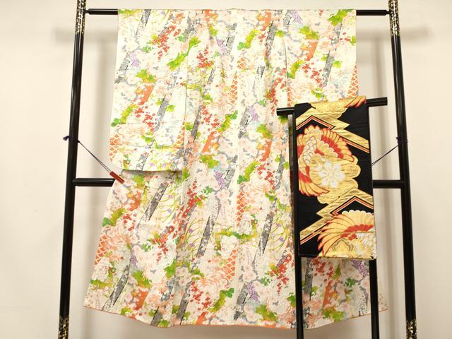 平和屋着物[]七五三　女の子　７歳　祝着　四つ身　袋帯セット　乱菊　草花文　金彩　逸品　DAAY3352ma