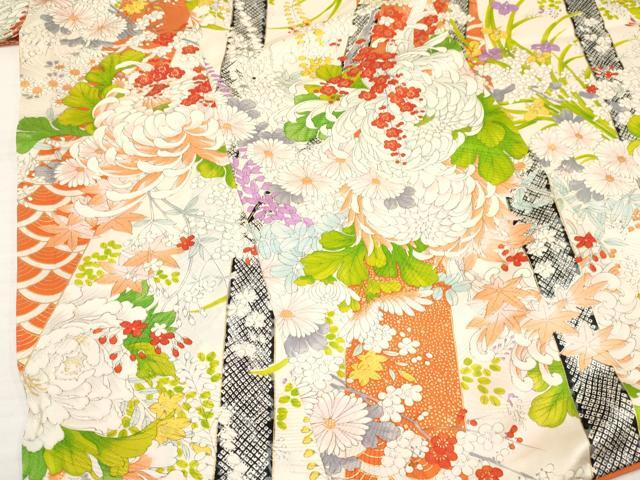 平和屋着物[]七五三　女の子　７歳　祝着　四つ身　袋帯セット　乱菊　草花文　金彩　逸品　DAAY3352ma