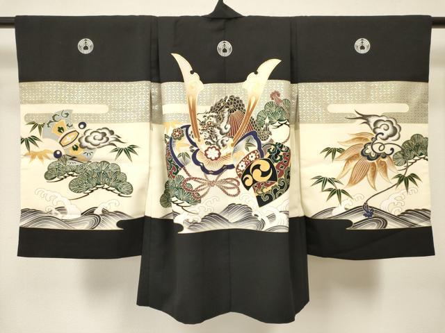平和屋着物[]七五三　男の子　祝着・羽織・行灯袴・小物セット　龍　兜　立波松文　金彩　洗える着物　DAAY3355ma