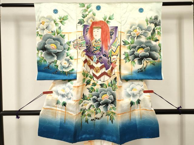 平和屋着物[]お宮参り　男の子　祝着　産着　初着　のしめ　手描き　歌舞伎　牡丹花文　暈し染め　金彩　逸品　DAAY3356ma