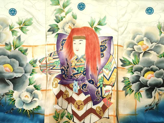 平和屋着物[]お宮参り　男の子　祝着　産着　初着　のしめ　手描き　歌舞伎　牡丹花文　暈し染め　金彩　逸品　DAAY3356ma