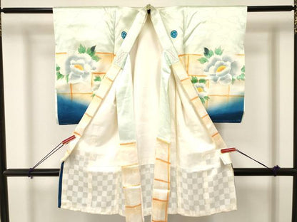 平和屋着物[]お宮参り　男の子　祝着　産着　初着　のしめ　手描き　歌舞伎　牡丹花文　暈し染め　金彩　逸品　DAAY3356ma