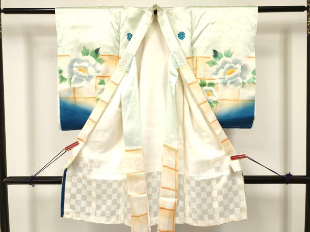 平和屋着物[]お宮参り　男の子　祝着　産着　初着　のしめ　手描き　歌舞伎　牡丹花文　暈し染め　金彩　逸品　DAAY3356ma